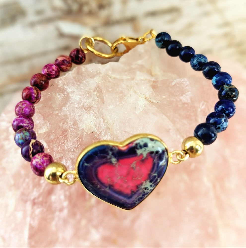 Natural Imperial Sea Sediment Pink & Blue Jasper Bracelet W/ Heart Centerpiece